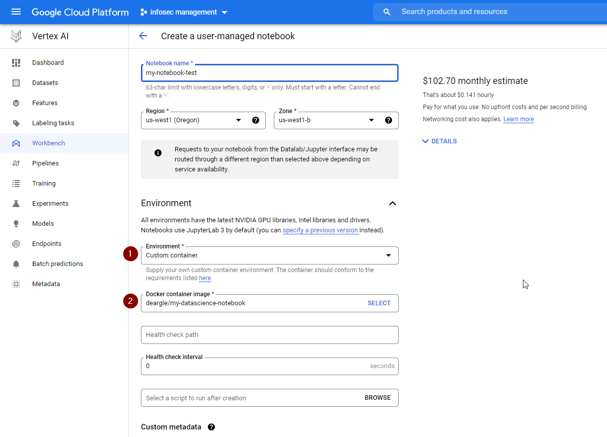 gcp user managed customization specify container